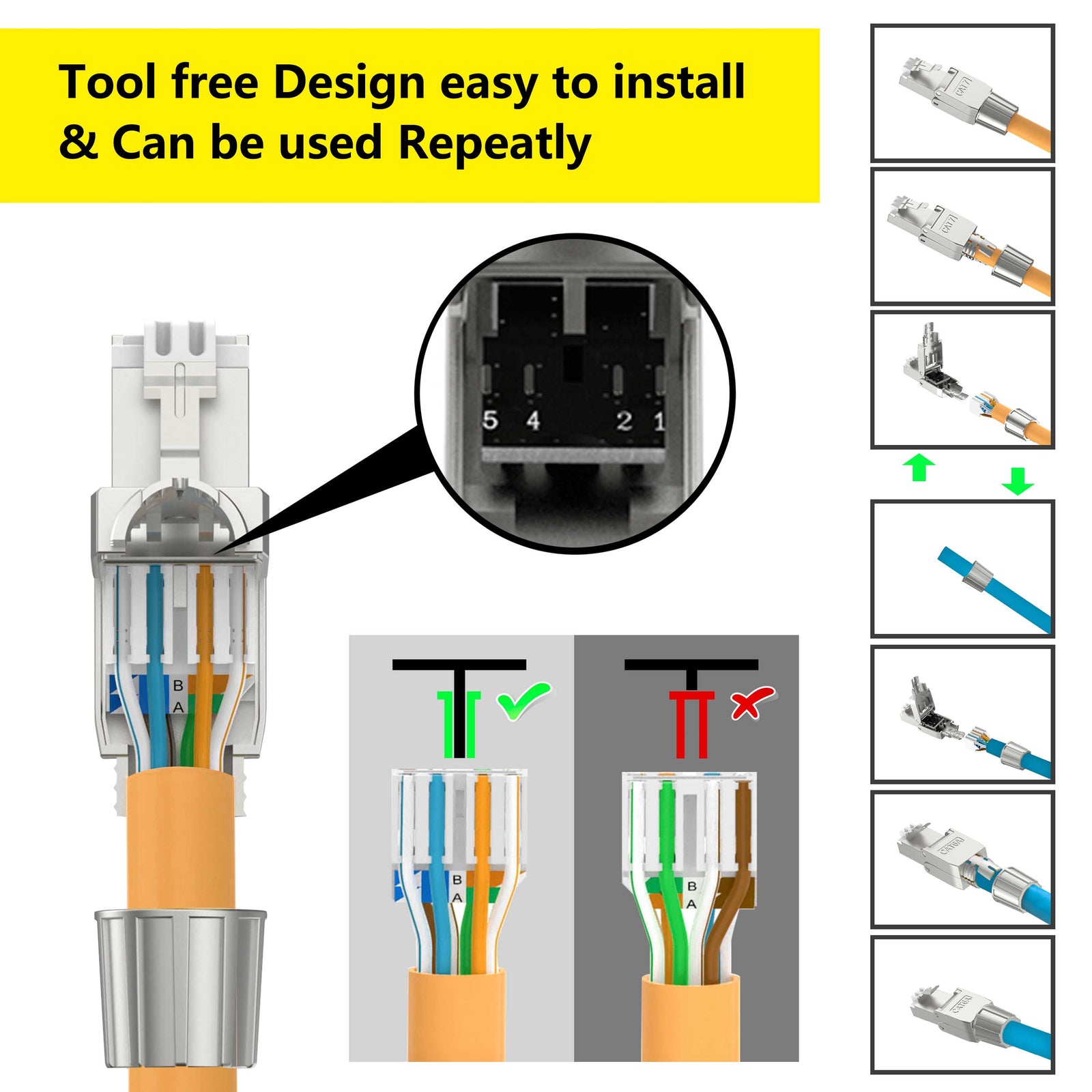 RJ45 Cat7 Connector Tool-Free Toolless RJ45 Termination Plug Reusable  Shielded for Ethernet Cables 10Gbps POE 4 Pack